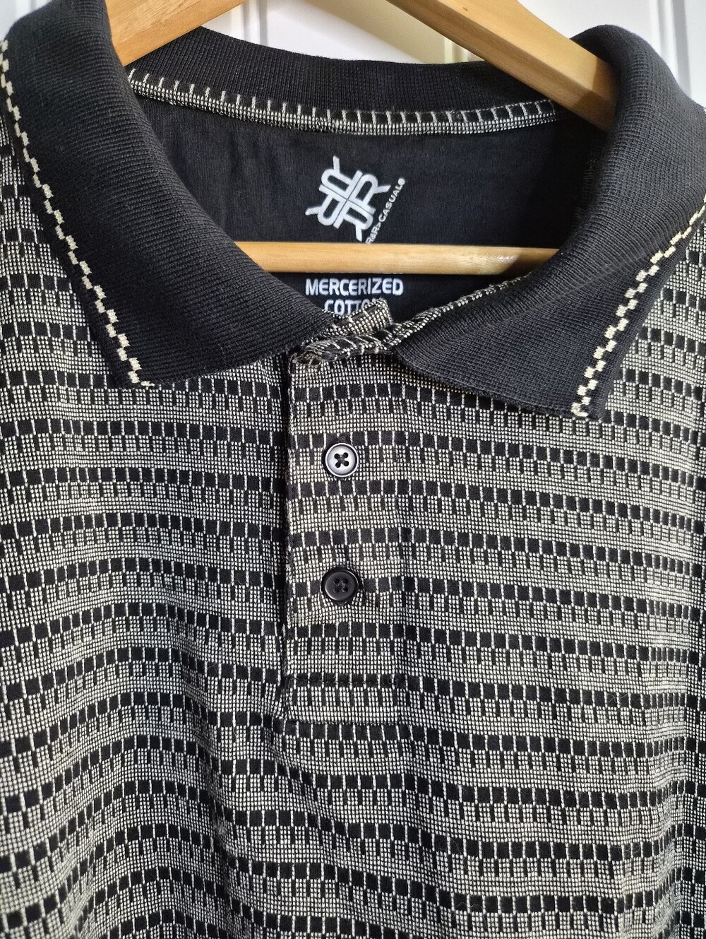 Large R&R Cotton Geometric Striped Polo Casual Goth Golf Black Preppy Retro